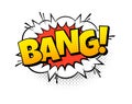 Comic bubble bang text. Cartoon sound speech effect, red and yellow colors. Comics balloon halftone dot background. Pop