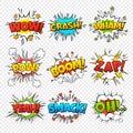 Comic bubbles. Funny comics words in speech bubble frames. Wow oops bang zap thinking clouds. Expression balloons set Royalty Free Stock Photo