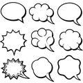 Comic bubbles in various shapes, black outline, cartoon-style empty message boxes Royalty Free Stock Photo