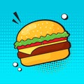 Comic burger vector icon, cartoon retro hamburger, american fast food poster in pop art style. Funny illustration