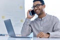 Comic businessman communication, talking and mobile call on a phone at a office computer. Phone call of laughing, happy