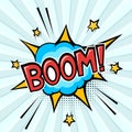 Comic cartoon explosion with text BOOM on halftone background with beams. Pop art design