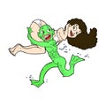 comic cartoon swamp monster carrying girl in bikini