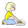 comic cartoon woman scrubbing floor