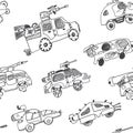 Comic cartoons of military cars. Seamless background.