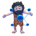 Comic caveman character in 3d is deep in thought studying the atom, 3d illustration