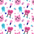 Comic characters seamless pattern. Psychedelic 80s objects with faces, bright cat, emoji eyes, pink and purple colors. Decor Royalty Free Stock Photo