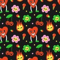 Comic characters seamless pattern. Psychedelic 80s objects with faces, bright emoji, hand drawn flowers with eyes, cartoon heart Royalty Free Stock Photo