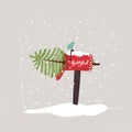 Comic Christmas Illustration. The Christmas tree in the Mailbox and the Bird. Vector Poster or Delivery Service.