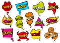 Comic colored hand drawn speech bubbles. Set retro cartoon stickers. Funny design vector items illustration. Comic text