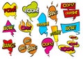 Comic colored hand drawn speech bubbles. Set retro cartoon stickers. Funny design vector items illustration. Comic text