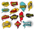 Comic colored hand drawn speech bubbles. Set retro cartoon stickers. Funny design vector items illustration. Comic text Royalty Free Stock Photo