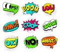 Comic colored speech bubbles with text phrase. Text expression of emotions. Hand-drawn retro cartoon drawings. Pop art stickers. Royalty Free Stock Photo