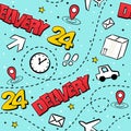 Comic Delivery seamless pattern. Express delivery in 24 hours Royalty Free Stock Photo