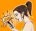 Comic drawing from the side of a joyful girl with a smartphone saying wow