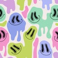 Comic dripping smiling faces background in pop art, graffiti style. Smile paint drips, stains, drops seamless pattern