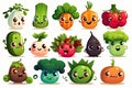 Comic emotional set of vegetables, kids stickers. White background. Generative ai