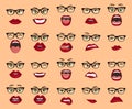 Comic emotions. Woman with glasses facial expressions, gestures, emotions happiness surprise disgust sadness rapture