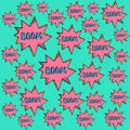 Comic and exclamations boom wow bubbles pattern with bright green background. Boom text. Royalty Free Stock Photo