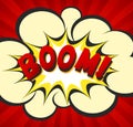 Comic explosion with boom inscription. Pop art poster with explosion and boom lettering