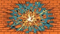 Comic Explosion Breaking Through Brick Wall with Flying Debris and Action Lines Royalty Free Stock Photo