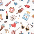 Comic fashion seamless pattern with ice cream, diamond, donut, sunglasses, hashtags on grid background