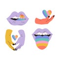 Comic female lips, rainbow colored tongue, LGBTQ couple hands