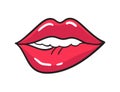 Comic female red lips sticker. Women mouth with lipstick in vintage comic style. Rop art retro illustration