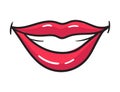 Comic female red lips sticker. Women mouth with lipstick in vintage comic style. Smile pop art retro illustration