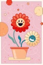 Comic flower in trendy retro cartoon style Funny flower in a pot character on abstract background Royalty Free Stock Photo