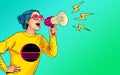 Comic girl with megaphone. Woman with loudspeaker. Advertising poster with lady announcing discount or sale. Royalty Free Stock Photo
