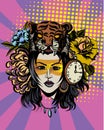 Comic halftone and pop art style.Women in mask of a lion and flower, Hand drawn vector