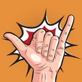 Comic hand showing shaka sign. pop art surf greeting gesture on halftone background