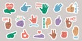 Comic hand stickers. Cute labels with hand expression and gestures, funny little fingers and palm badges, doodle hands of praise