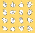 Comic hands in white gloves. Different types of hand gestures. Palms in different angles. Body part. Vector illustration Royalty Free Stock Photo