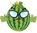 Comic illustration of the alive watermelon bespectacled and with hand