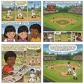 Comic illustration depicting a baseball game in progress. Various characters, Royalty Free Stock Photo