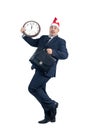 Comic image of a man in a suit and a Santa hat with a big clock