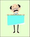 Comic Joyful Doctor Presenting Scroll Banner Vector