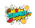 Comic juicy Summer Logo. Pop art explosion with ice cream, orange, kite and watermelon