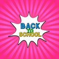 Comic lettering Back to school on bright pink background. Retro banner in Pop Art style. Vector template for logo design,