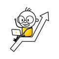 Comic man sitting on arrow with laptop. Profit growth, economic uptrend or growing investment, financial forecast or Royalty Free Stock Photo