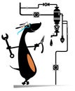 Comic mechanic dog repairs pipe construction illustration