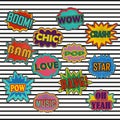 Comic patch sound effects in pop art vector style. Sound bubble speech with word and comic cartoon