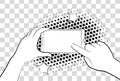 Comic phablet with halftone shadows. Hand holding smartphone. Sign in page on phone screen. Vector illustration eps 10