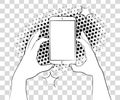 Comic phablet with halftone shadows. Hand holding smartphone. Vector illustration eps 10 isolated on background.