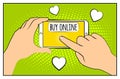 Comic phone with halftone shadows. Hand holding smartphone with buy online internet shopping. Pop art retro style. Flat design. Ve