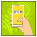 Comic phone with halftone shadows. Hand holding smartphone with buy online internet shopping. Pop art retro style. Flat design. Ve