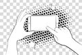 Comic phone with halftone shadows. Hand holding smartphone. Vector illustration eps 10 on background