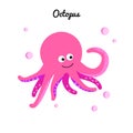 Comic pink octopus with bubbles water. Cartoon marine character girl. Ocean illustration Educational cards for kids